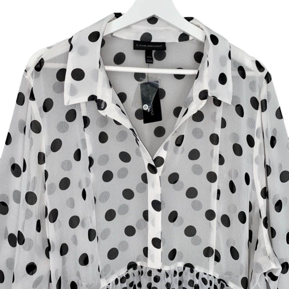 LANE BRYANT Sheer Blouse Long Sleeve White Black Polka Dot Women Plus Size 22/24 - Picture 4 of 14